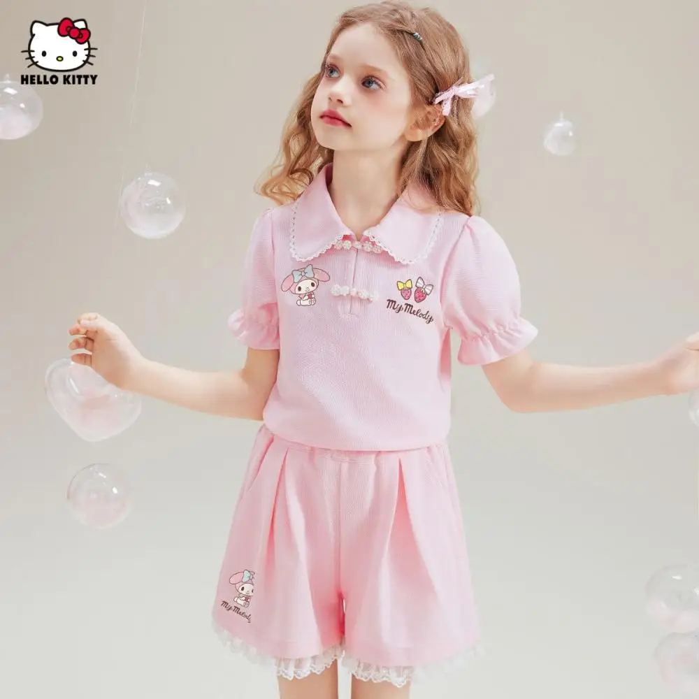 

Популярные топы с короткими рукавами Hellokitty, шорты, 2 шт., розовая футболка для девочек, костюм Sanrio с рисунком My Melody, детская спортивная одежда, повседневная свободная одежда