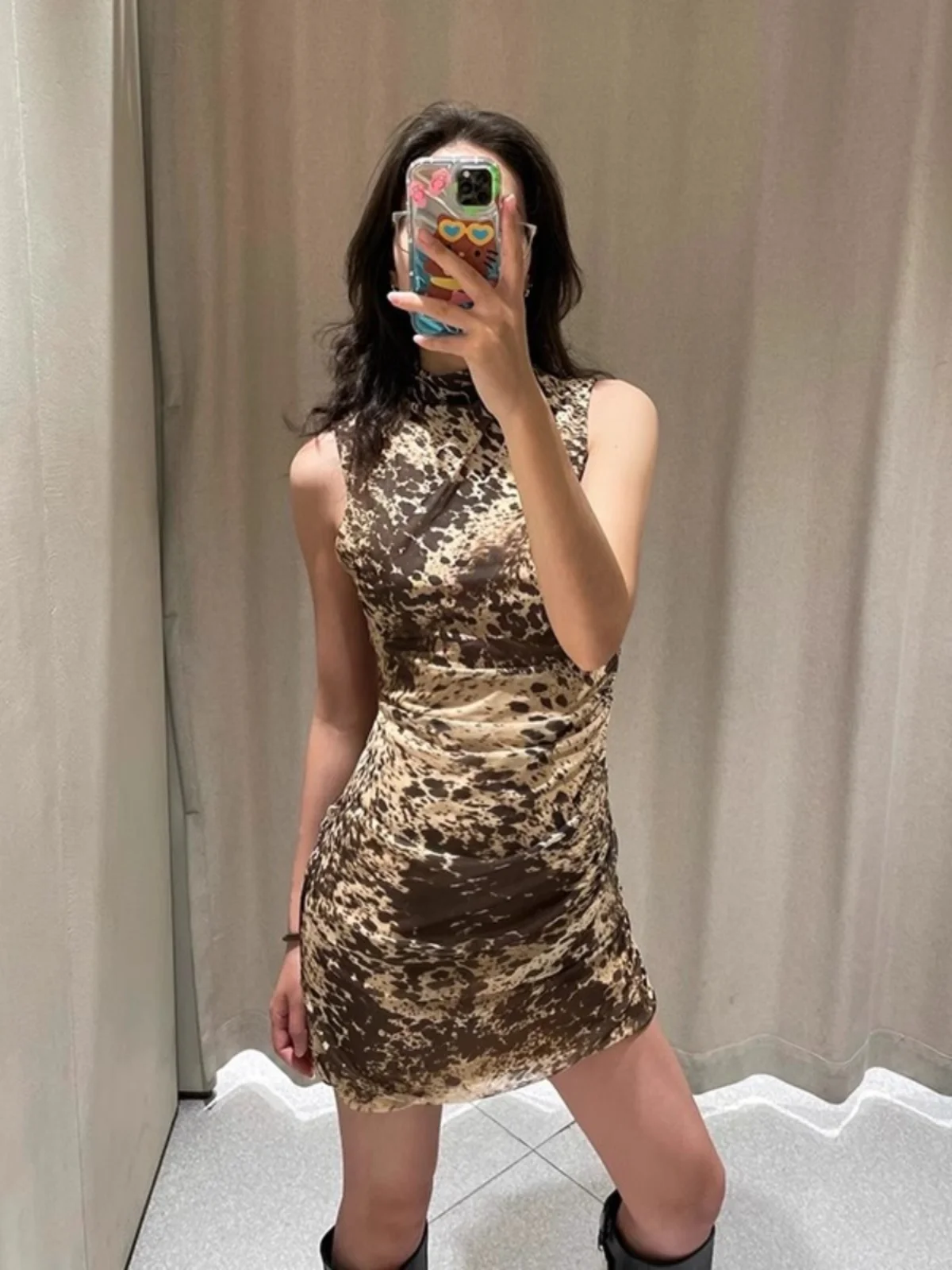 Wiosna 2025 Nowa Damska Dopasowana Spódnica z Jedwabnej Siateczki w Leopardzi Wzór ze Zwierzęcym Motywem, Okrągły Dekolt, Krój A-Line