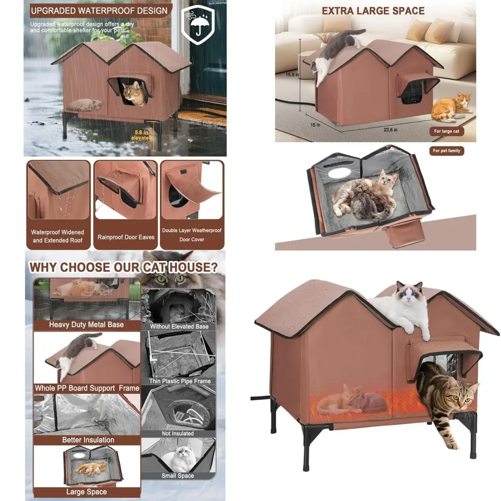 

Elevated Insulated Outdoor Cat House with Heating Pad, Weatherproof Shelter for Multiple Pets in Brown