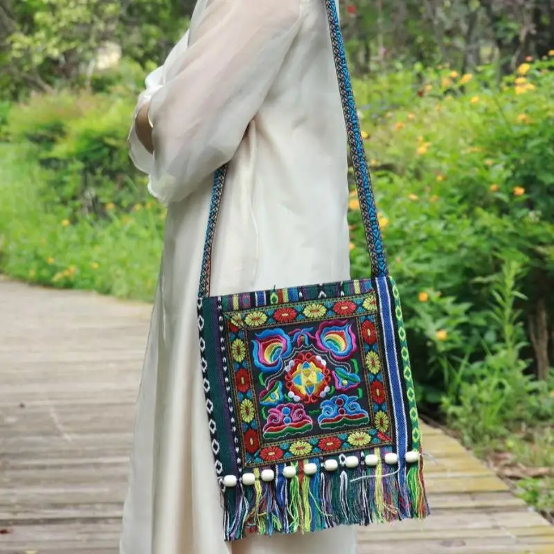 Handmade Ethnic Embroidery Crossbody Bag With Colorful Tassels Woven Strap For Travel Casual Outings Boho Style Lovers