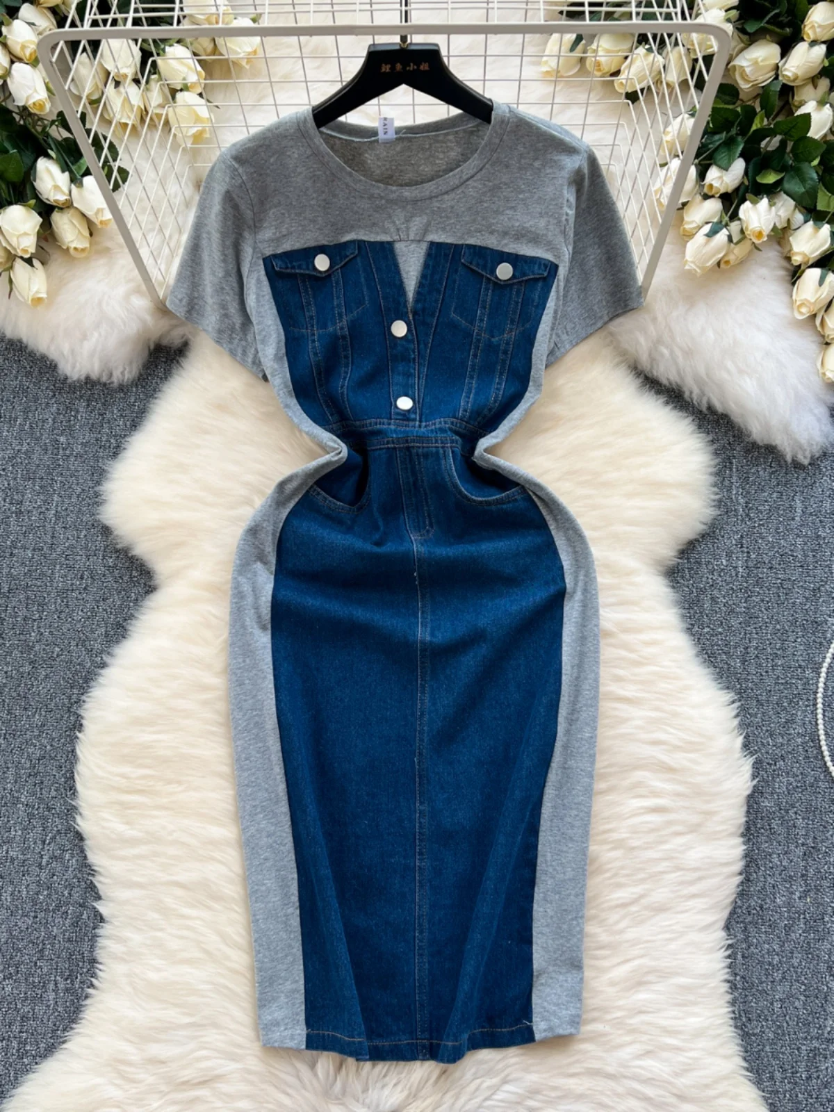 

Korean Style Women's Design Contrasting Color Splicing Slim Mid-length Retro Denim Dress Women's Casual Short-sleeved Skirt