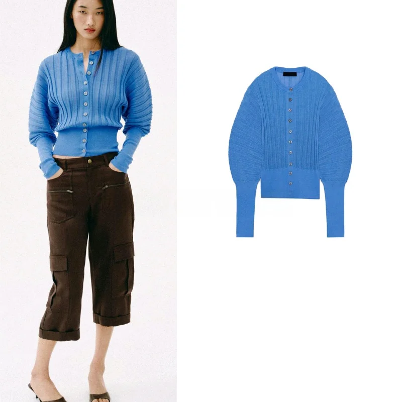 

Spring New Arrival Women's Lazy Sle Knitted Long Sve round Ne Pleated Sve Outerwear Single Row Multiple Buttons