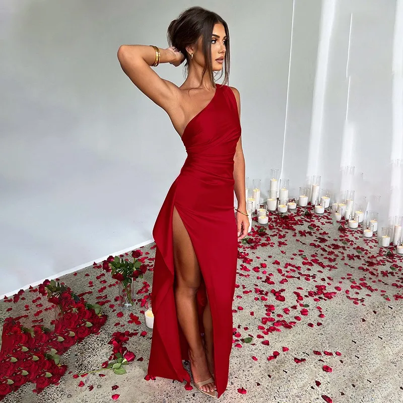 

Summer Sexy One Shoulder Satin Dress Women Sleeveless Backless High Split Party Long Evening Dresses Elegant Cocktail Dress