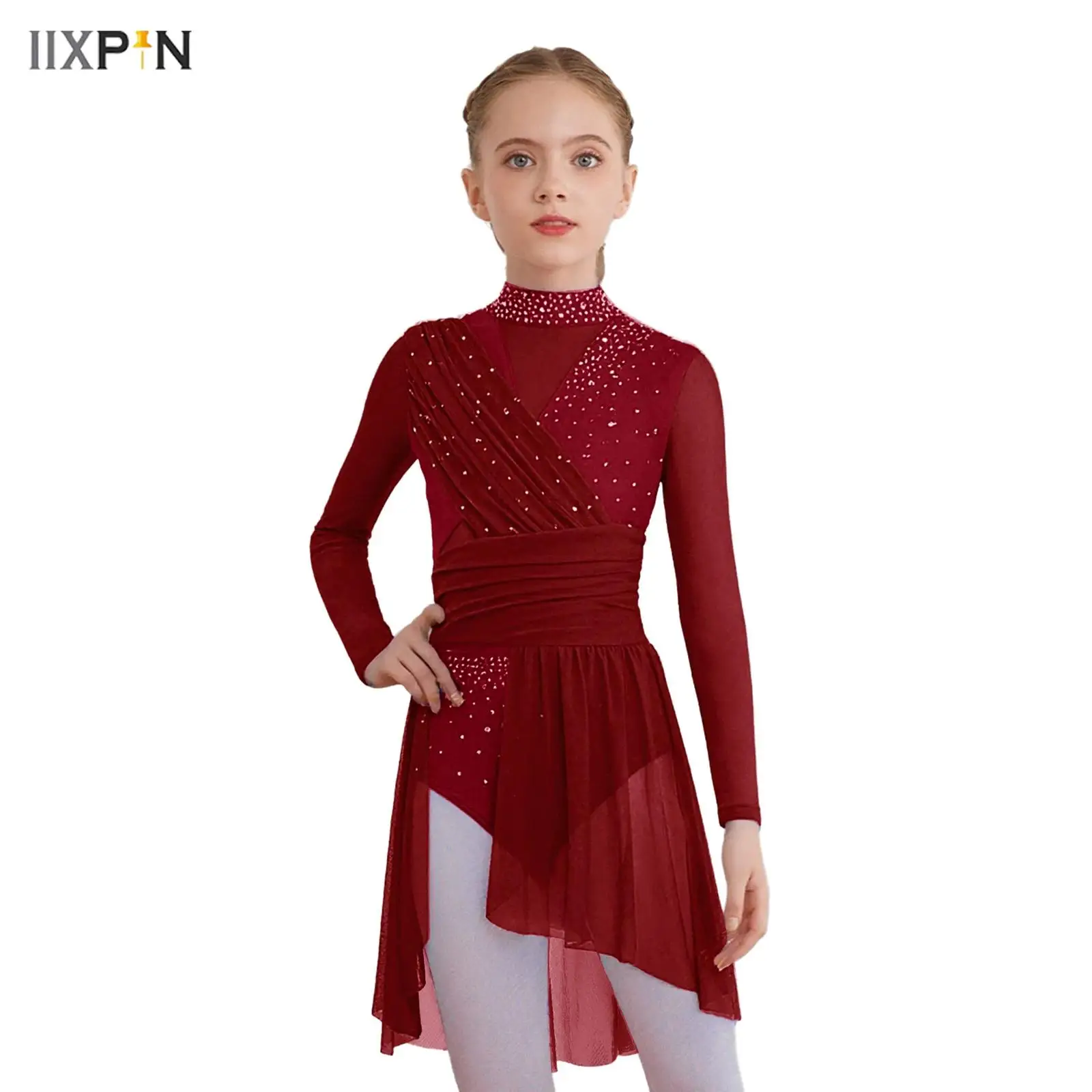 

Kids Girls Lyrical Ballet Dance Dress Long Sleeve Cutout Back Side Split Sheer Mesh Ruched Glittery Rhinestones Leotard Dress