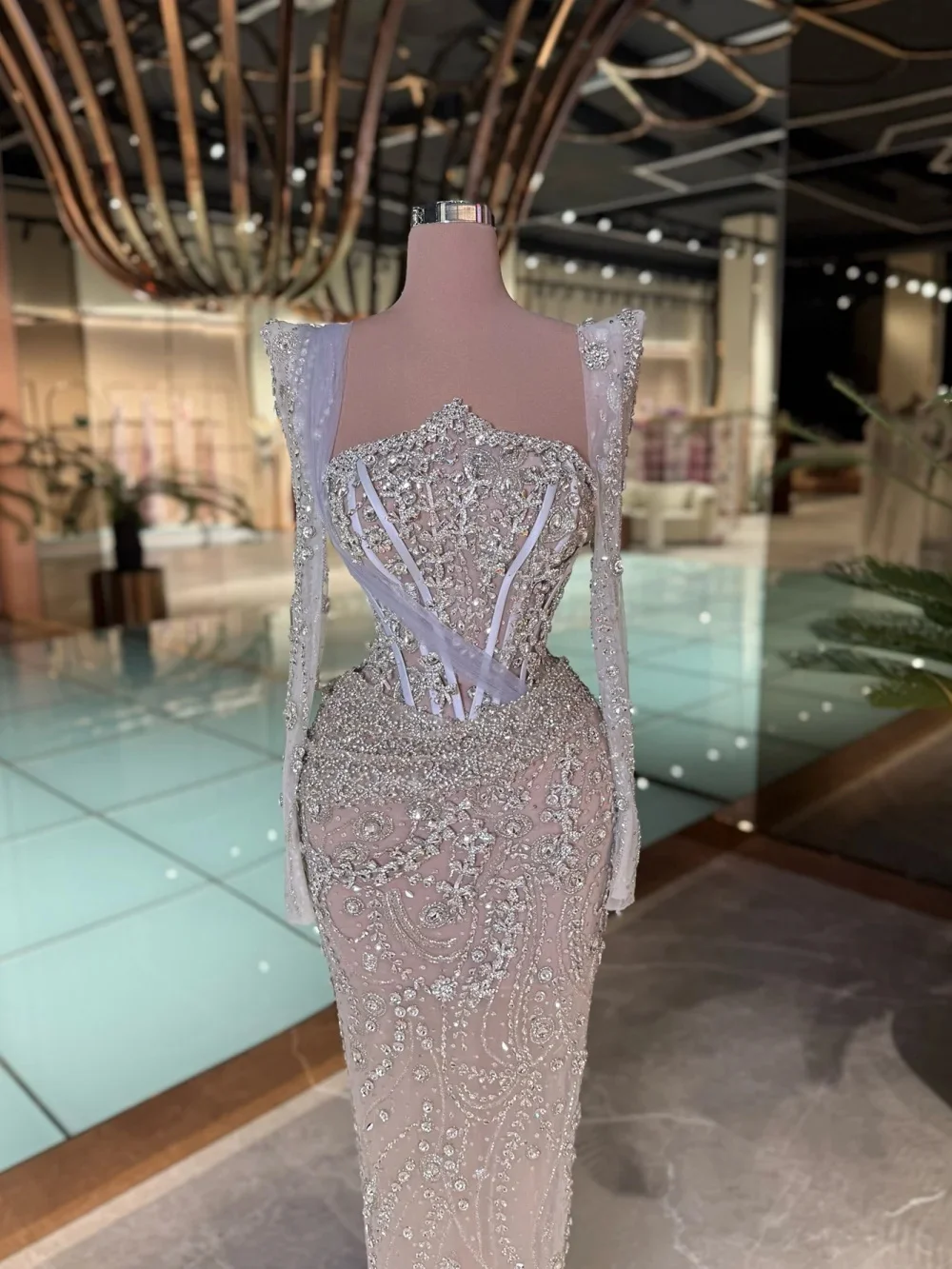 فساتين سهرة أنيقة بأكمام طويلة مطرزة بالخرز فستان حورية البحر للحفلات الراقصة مخصص بطول الأرض من الدانتيل #2