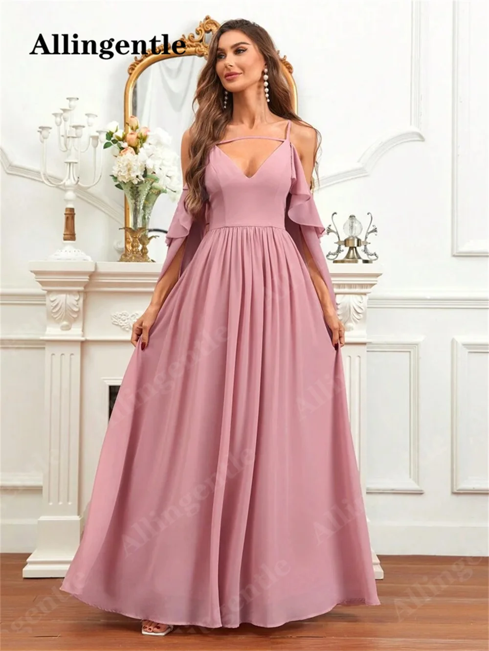 Allingentle Spaghetti Strap V-Neck Bridesmaid Dress 2024 Chiffon Ruffles Sleeves A-Line Prom Gowns Zipper Back vestidos de noche