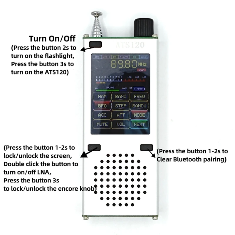 Portable ATS120 SI4732 ESP32 Bluetooth SSB FM RDS 64-108Mhz AM LSB USB Wireless Receiver + 2.4 Inch Touch LCD