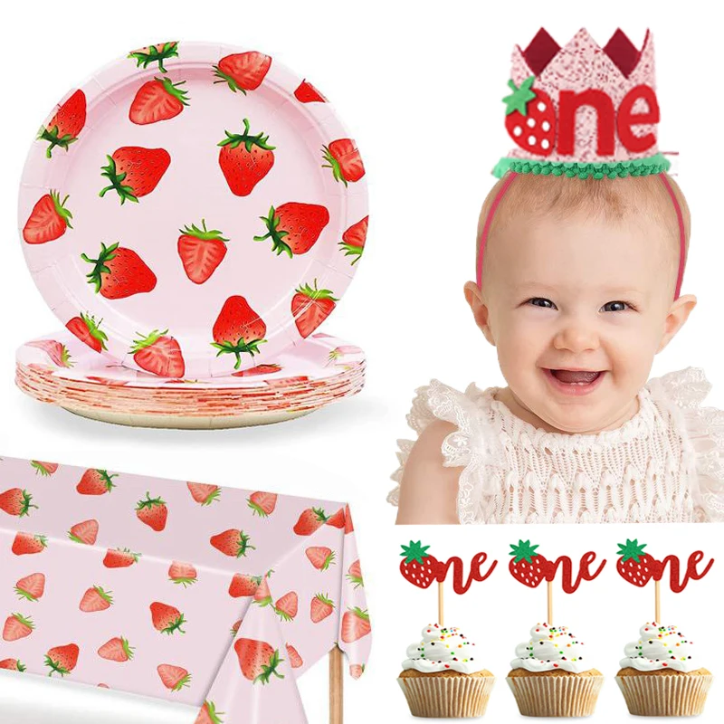 Alles Gute zum Geburtstag Mädchen Hut Erdbeere Party Dekorationen Requisiten Kuchen Topper Erdbeere Geburtstag Thema Party Dekorationen Geschirr