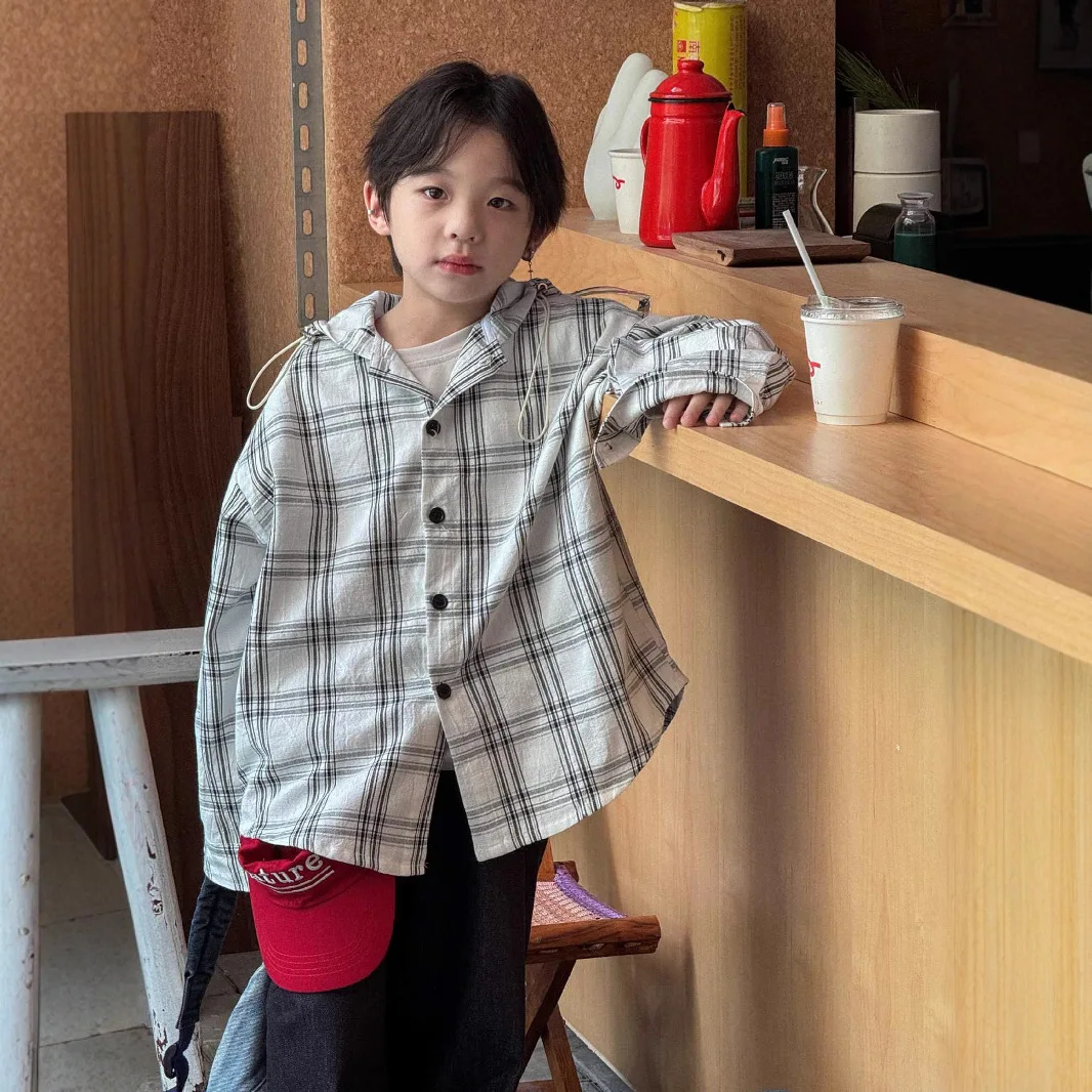 

Boys Coat 2025 Autumn New Children's Clothing Korean Feng Male Baby Plaid Hooded Loose Shirt Coat Casual Simple All Match