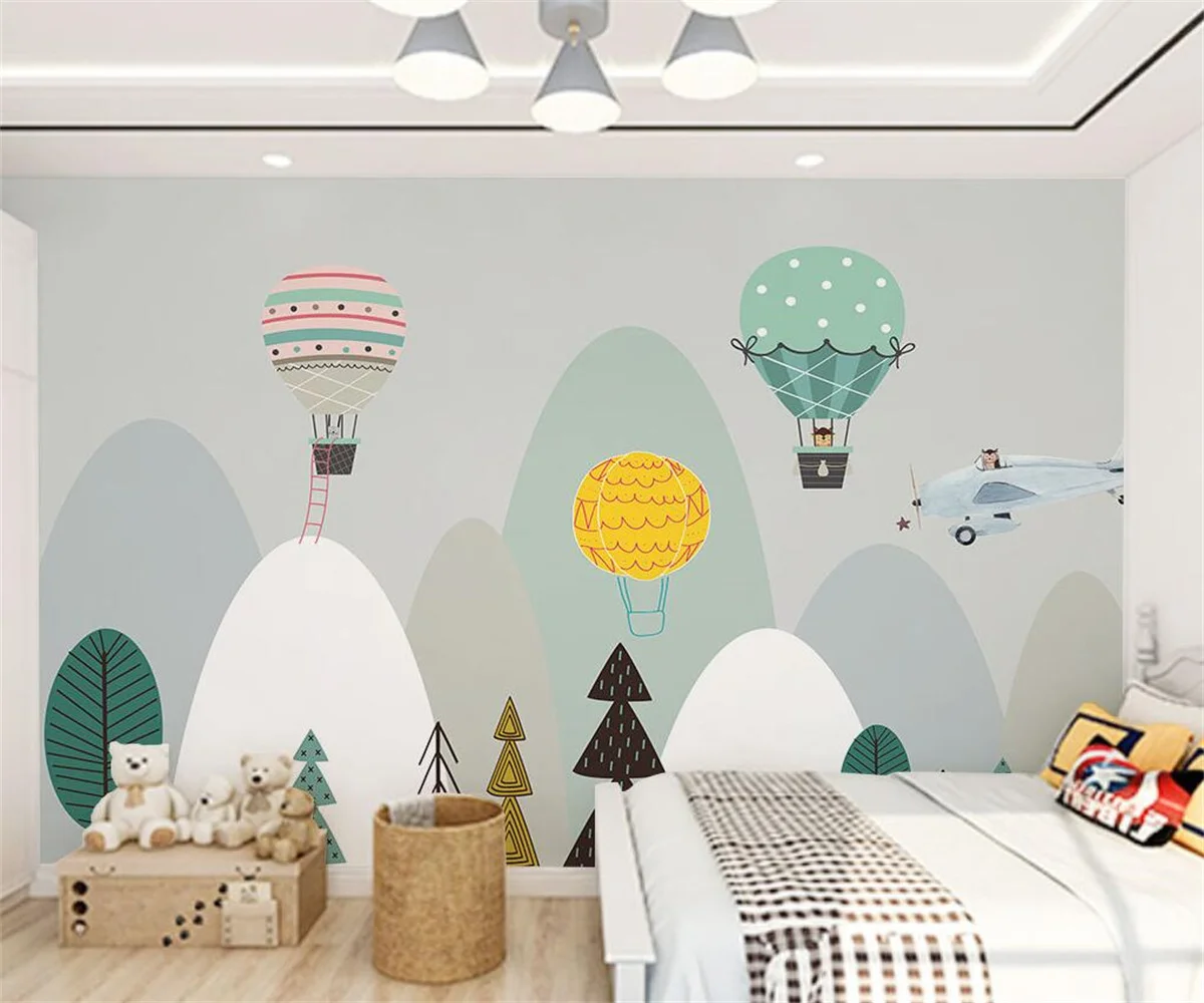 

Custom wallpaper photo Modern Nordic cartoon hand-painted hot air balloon airplane children's room background wall 3d wallpaper