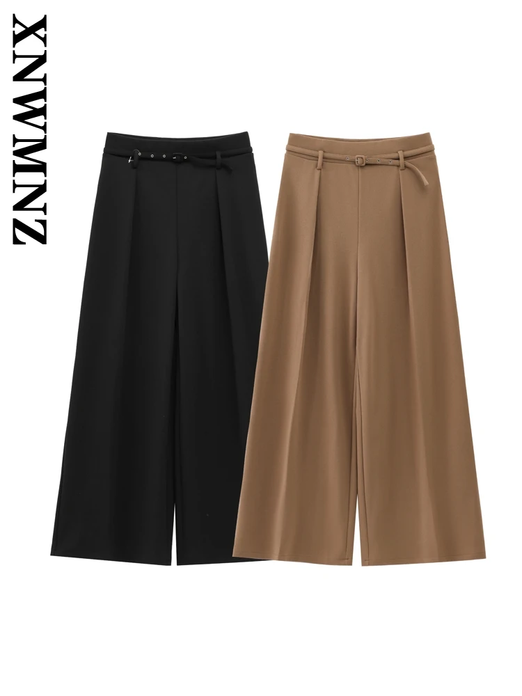 

XNWMNZ 2024 Spring New Woman Streetwear High Waist Wide Leg Pants Sophisticated Autumn Wear Lady Bottoms Ruffles belt Long Pants