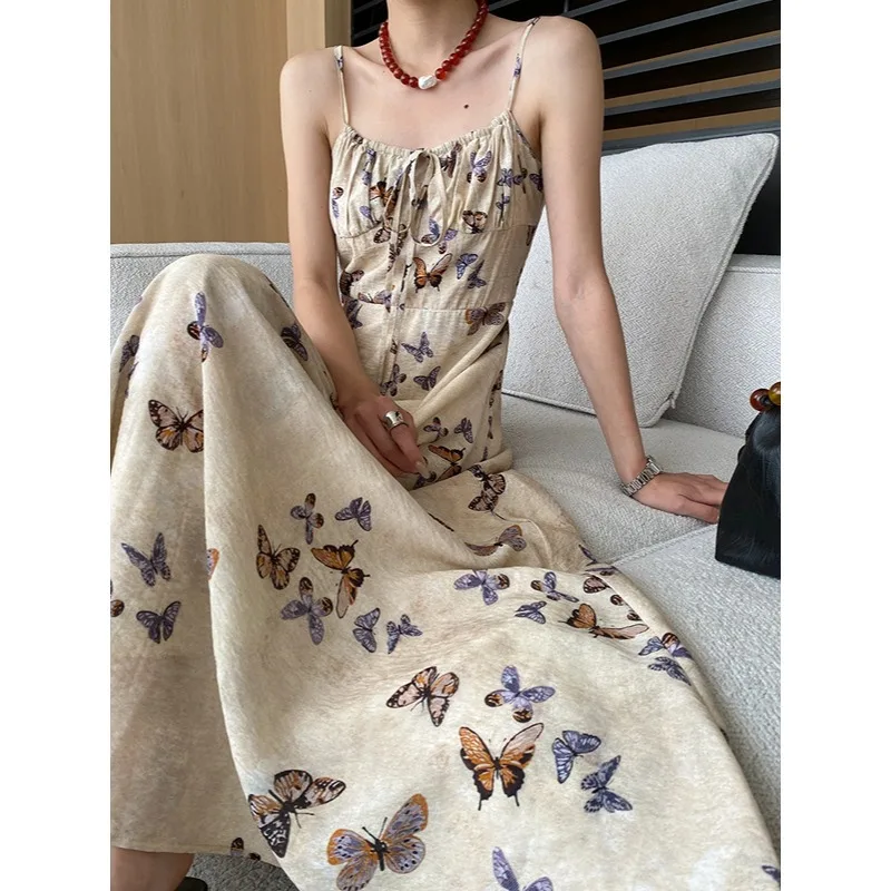 

Butterfly Print Cotton Camis Dress Women Holiday Waist Wrapped A-line Tank Dress