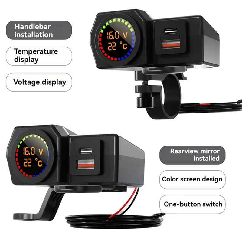 USB Socket Motorcycle Handlebar & Rear Mirror Waterproof Fast Charger Phone Power Adapter Digital Voltmeter Thermometer