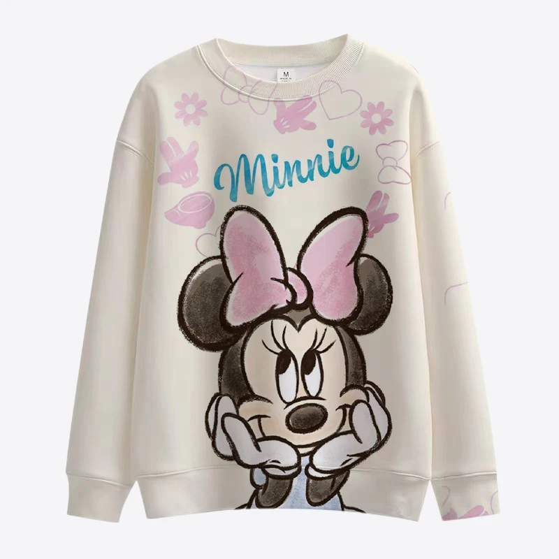 

Cartoon Disney Minnie Mickey Sweatshirt Ladies Crewneck Loose Pullover Hoodie Autumn Fun Print Long Sleeve Top