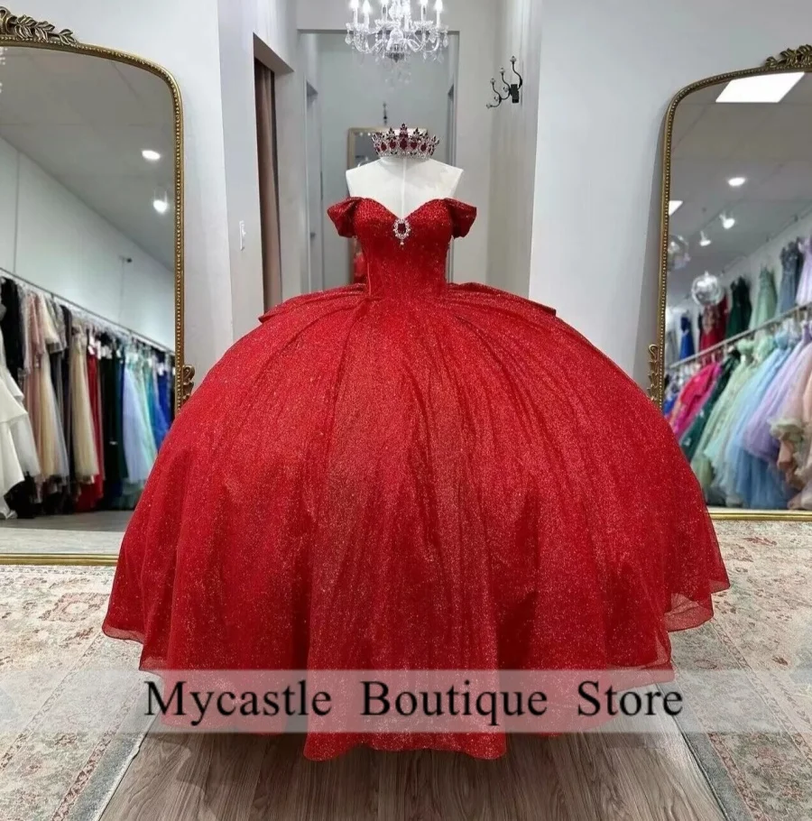 

Sparkly Red Quinceanera Dresses 2025 Customized Shiny Beaded Bow At Back Sweet 16 Dress Birthday party Dress Vestidos De 15