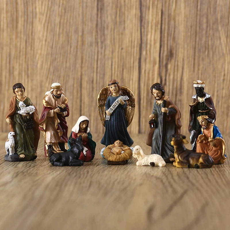 Nativity Scene Set Statue Baby Jesus Manger Figurines Resin Crafts Miniatures Ornament Church Gift Home Decoration