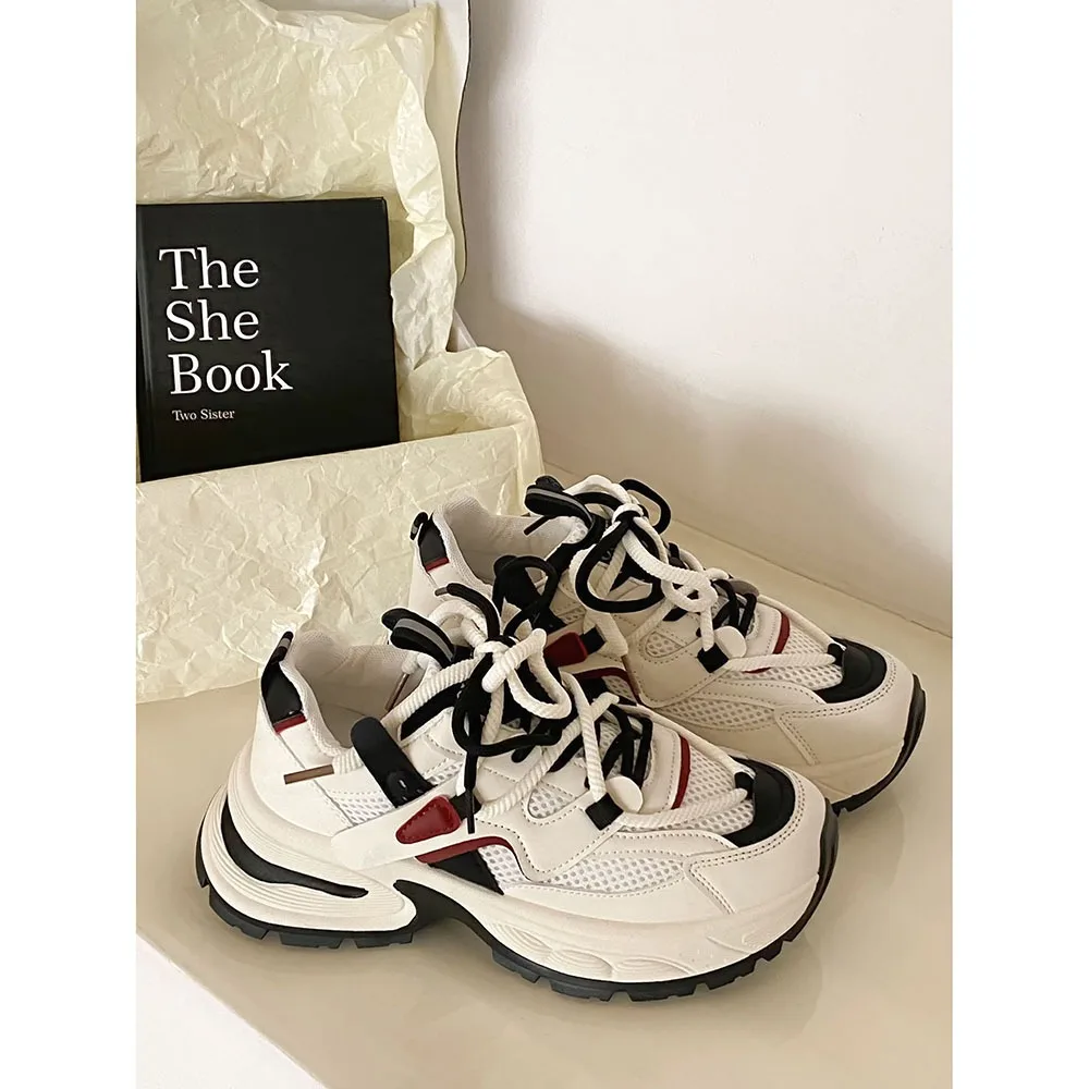 Mixed Colors Women's Shoes 2024 Spring New Mesh Breathable Retro Women Casual Shoes Thick Sole Heels Casual Sports Shoes 24-218