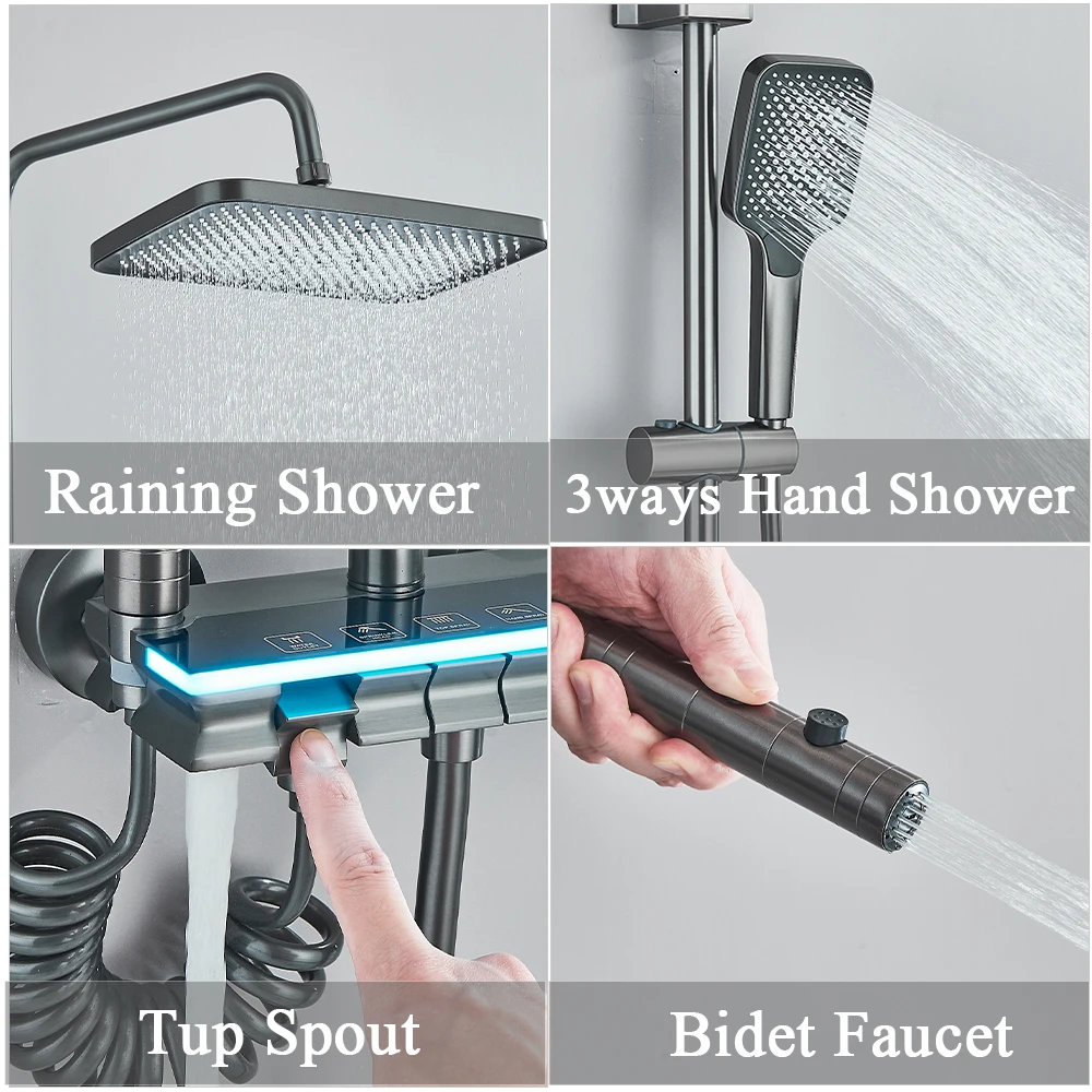 Ambient Lighting Piano Digital Bathroom Shower 12 Inch Rain Shower Head Bathroom Accessories Faucets Hot Cold Digital Shower Set