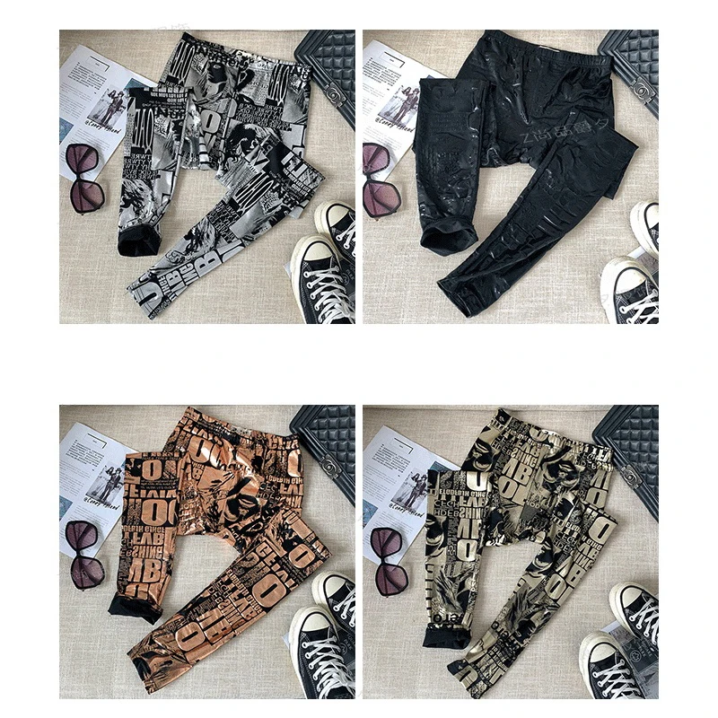 Autunno inverno moda donna Leggings con stampa Graffiti metallici Leggings spazzolati stampati pantaloni elasticizzati Skinny da donna in argento