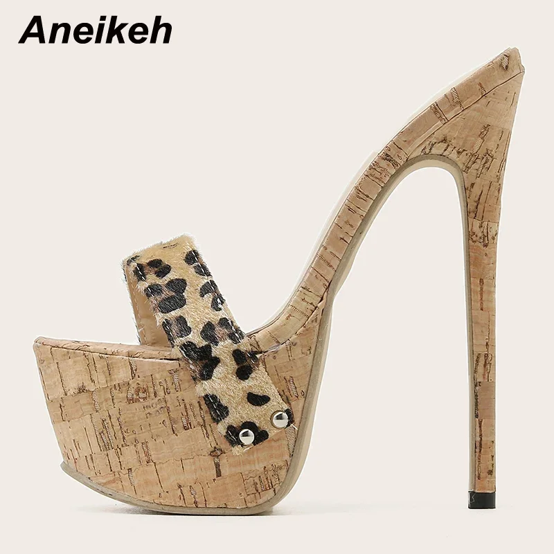 Aneikeh Sexy Leopard Platform Sandals High Heels 2024 Summer Slippers Mules Ladies Fashion Peep Toe Slip On Club Shoes Sliders