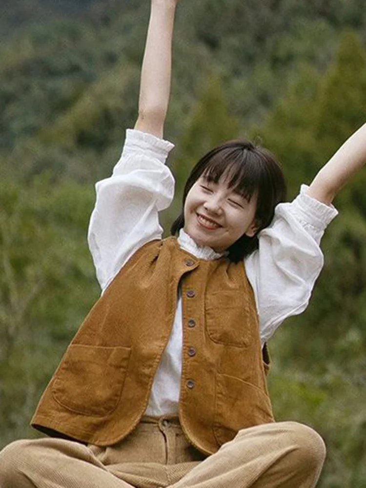 Zoki Vintage Women Corduroy Vest Fall Loose Preppy Style Sweet Vest Jacket Japan Casual Pockets Female O Neck Retro Solid Tops