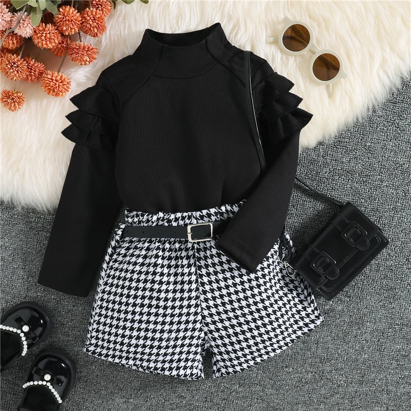 Spring Autumn Children Kids Girls Clothing Sets Long Sleeve Knitted Tops Plaid Shorts With Belt Toddler Clothing Costumes