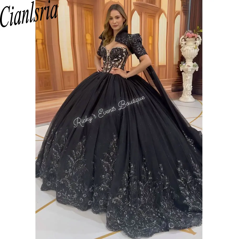 

Black Illusion Crystal Beading Ball Gown Quinceanera Dresses With Cape Appliques Lace Corset Vestido De 15 Anos