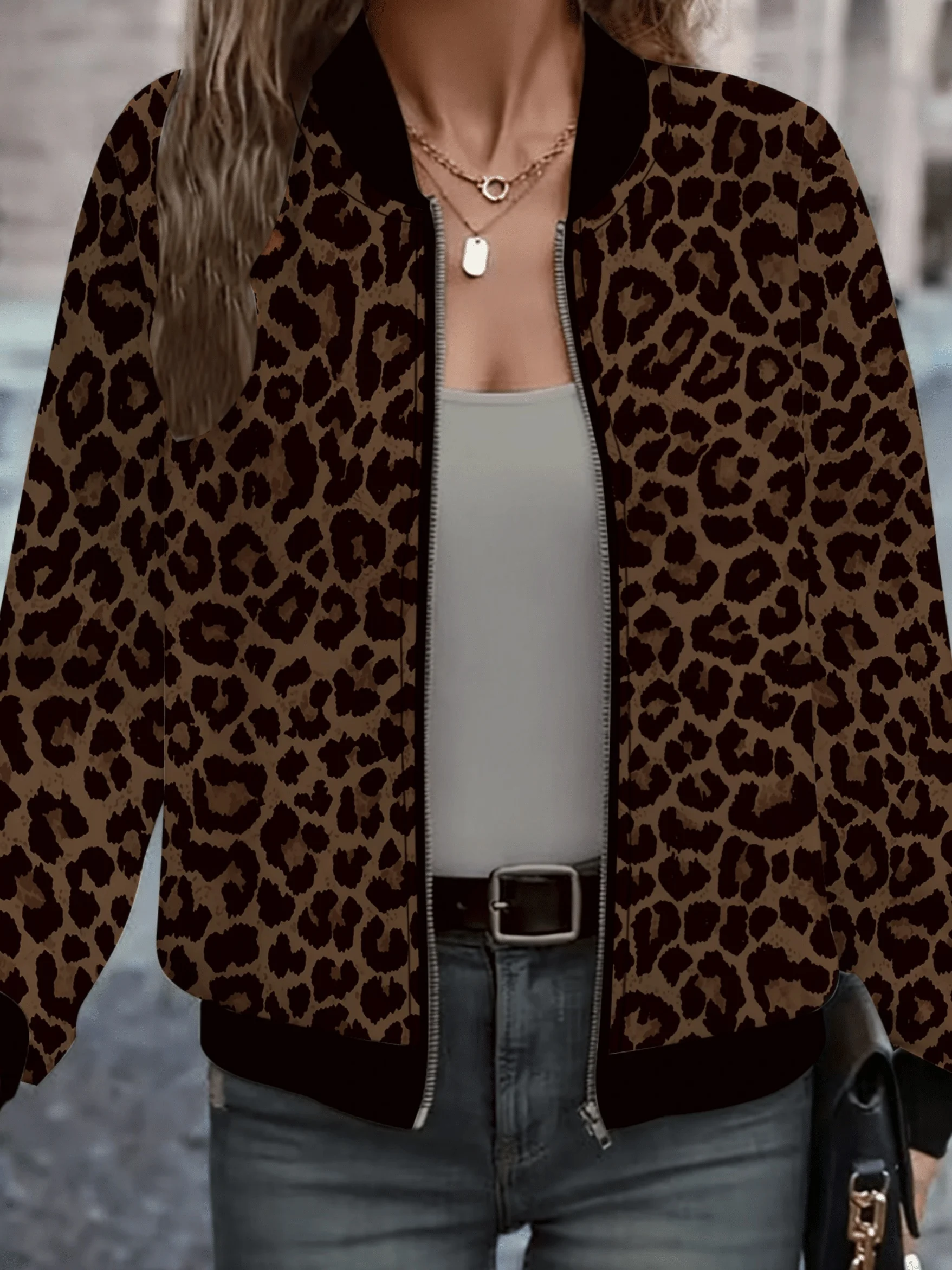 Frühlings- und Herbst-Baseballjacke für Damen mit Leopardenmuster und Reißverschluss-Langarmoberteil – Detail 4