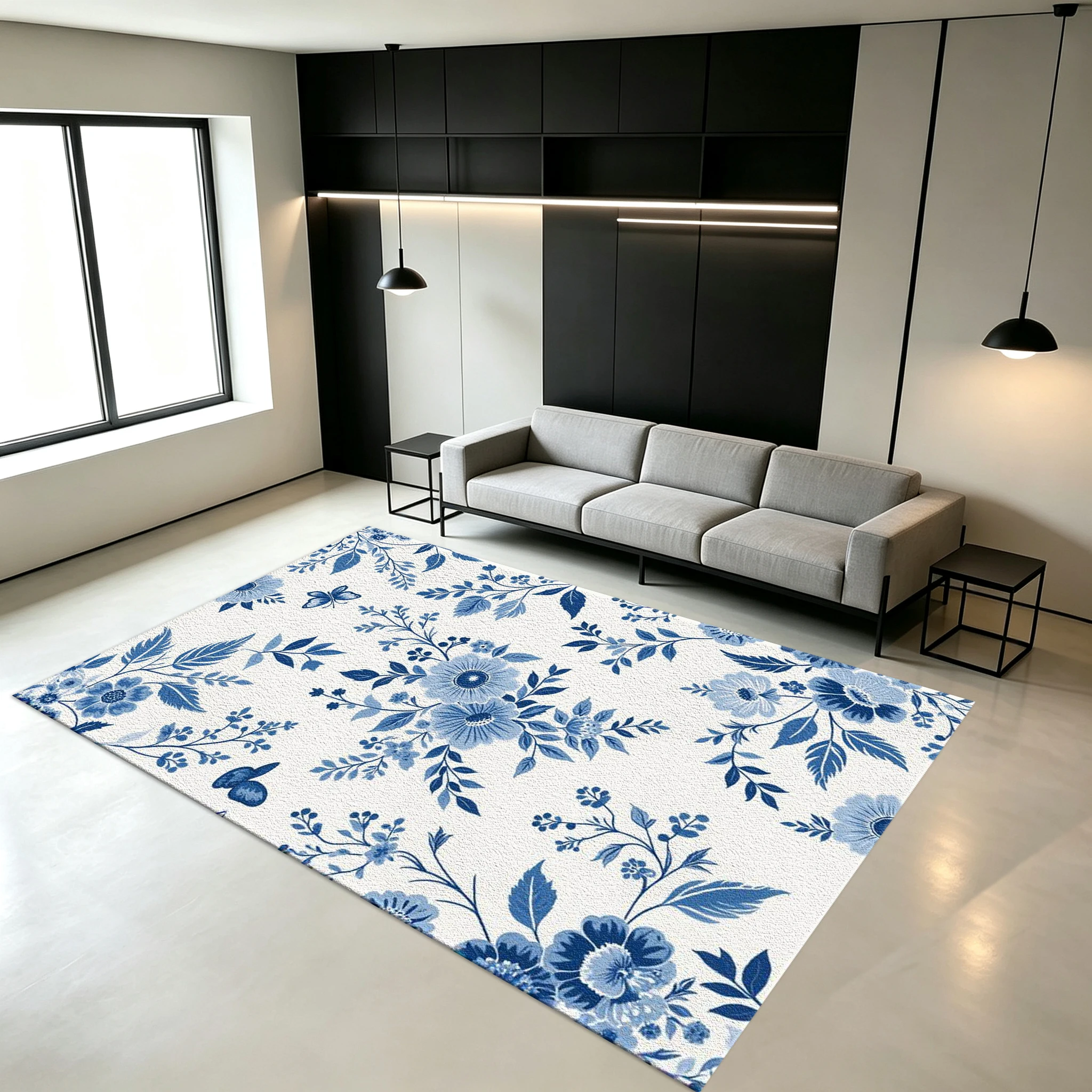 Blue Porcelain-Style Floral Butterfly Carpet Floor Decoration Vintage Home Carpet Decorative Rug Suitable for Living Room Home Decor