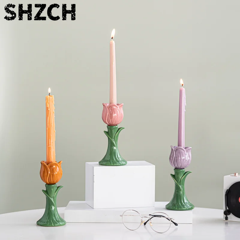 Tulip Candle Holder, Elegant Ceramic Candlestick Table Centerpiece Decorative Candle Stand for Wedding Dinning Party