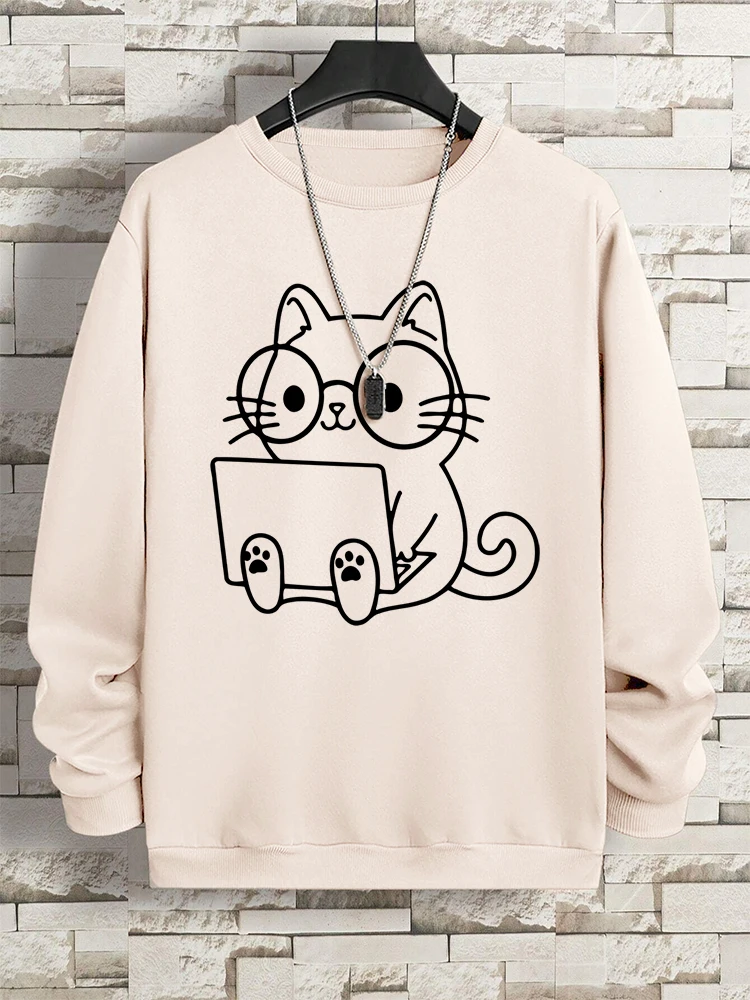 Gentleman Cat At Work Print Man Sweatshirt Hip Hop Loose Hoodie Autumn New Hoody Fashion Streetwear Pullover O-Neck Menswear