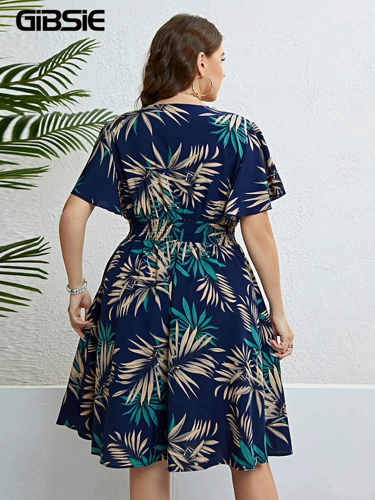 GIBSIE Plus Size Tropical Print V Neck Butterfly Sleeve Dress Women Vacation Boho Beach Casual Elastic Summer Midi Dresses 2024