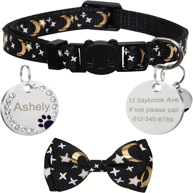 Personalisiertes Katzenhalsband mit Anhänger, Gravur-Namensschild, Halskette für Katzen, Welpen, Kätzchen, Glocke, Fliege, Maßgefertigtes Kleines Hundehalsband – Detail 4
