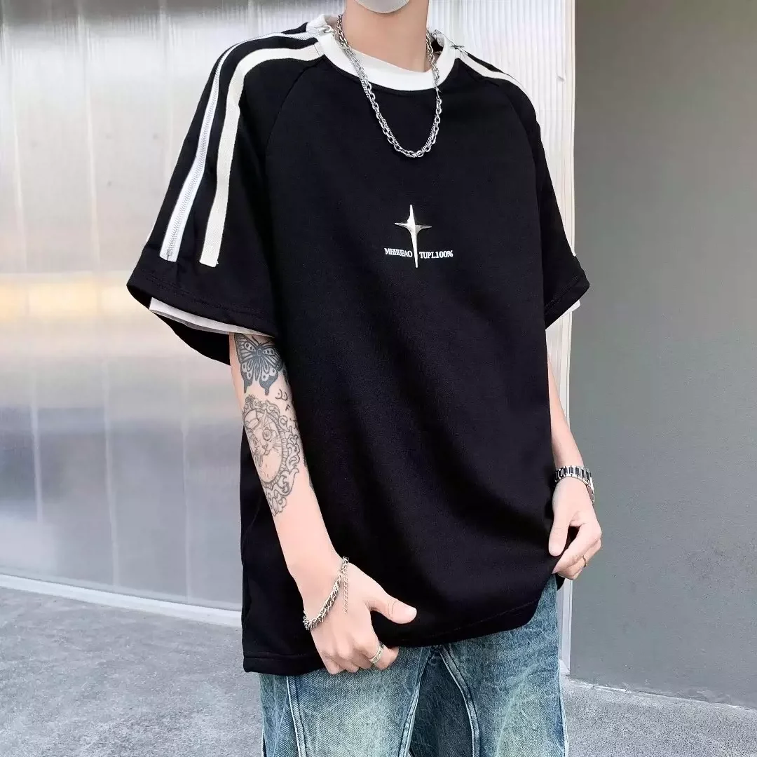 

Summer American High Street Short sleeved T-shirt Men's Trendy Brand Design Sense Zipper Heavy Weight Loose Half Sleeve Top