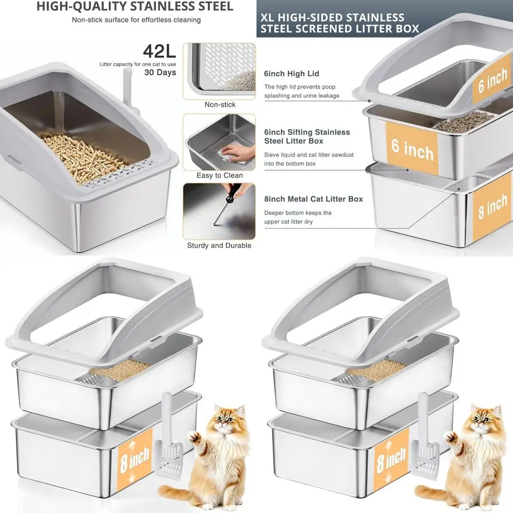

Очень большой лоток для кошек из нержавеющей стали с крышкой, подходит для крупных кошек, глубина 7,9 дюйма, легко чистится, с антипригарным покрытием.