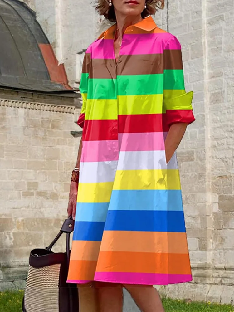 Colorful Striped Print Women's Shirt Dress Holiday Party Fashion Lapel Dress Street Everyday Casual Women's Front Button Dress