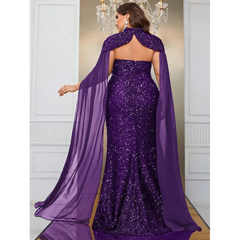 Plus Size Luxurious Strapless Cape Wedding Shiny Long Evening Gown 5XL6XL Big Size Banquet Festive Sequin Prom Dress for Women