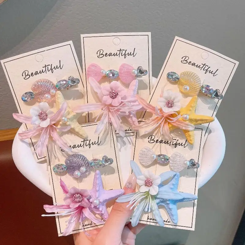 2 pinzas para el cabello con forma de estrella de mar y flores para niños, pinzas de cocodrilo recogidas para niñas, flequillo y pinzas para el cabello sueltas, horquillas para bebés, accesorios para el cabello