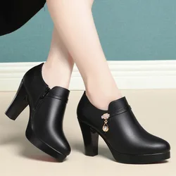 Deep Mouth Block Heels Pumps Women Platform Shoes Fashion Pointed Toe Leather Shoes Woman High Heel Office Shoes Black