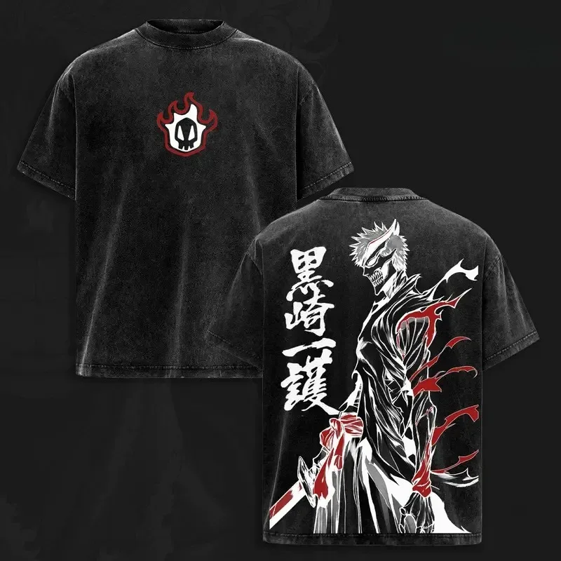 BLEACH Kurosaki Ichigo Manga Washed T-shirt Anime Oversized Streetwear Retro Men Women T Shirt Summer Short Sleeve Cotton Tees