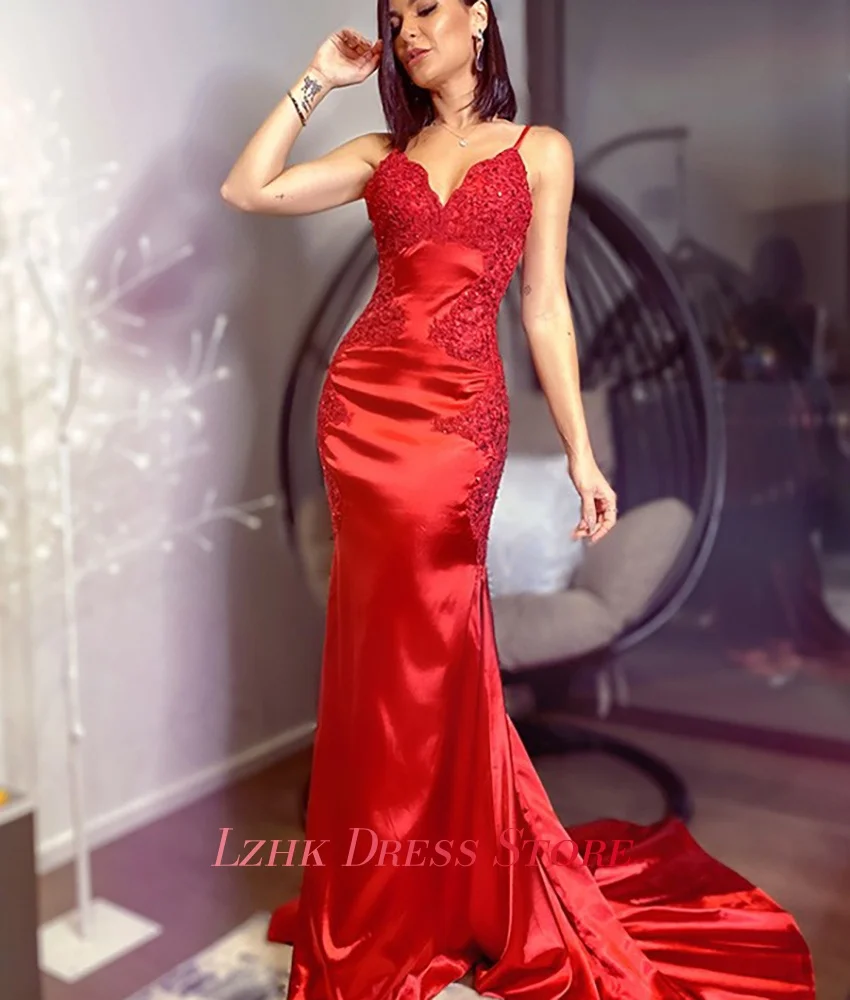 Personalizado sexy cetim sereia cintas de espaguete apliques botões de cristal vestido de noite alta qualidade querida vestidos de baile