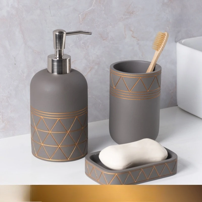 

Bathroom three-piece set, modern light luxury wash set, bathroom, hotel bathroom, mouthwash cup, lotion bottle, soap dish set.