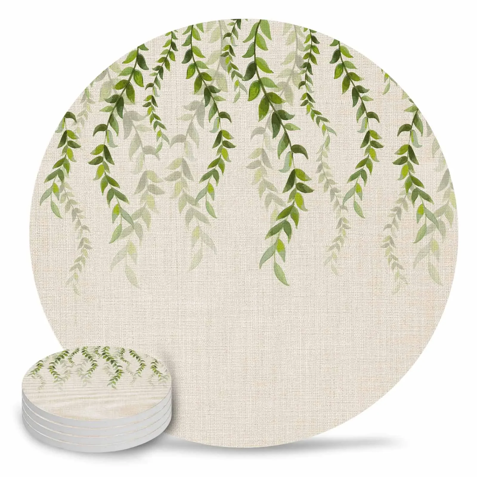 Plant Leaves Coasters Beige Linen Background Tea Coaster Drink Coasters for Cups Cup Pad Mat Coffee Glassware Table Drinkware