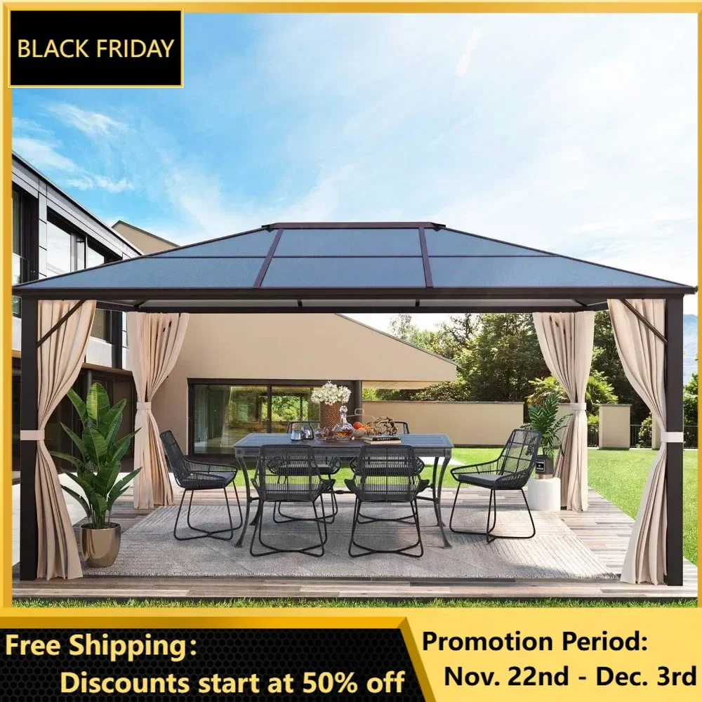 10'x12' Gazebo, Aluminum Frame Permanent Pavilion with Curtains and Netting, Sunshade, Outdoor Polycarbonate Roof Canopy Hardtop