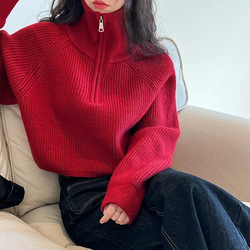 Chunky High Neck Sweater Zip Front Long Sleeve Knitted Pullover Women Cozy Crop Jumper Teen-girl Fall Winter Basic Chic Knitwear