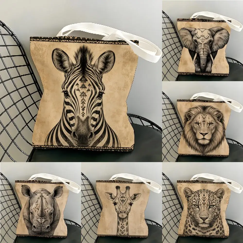 Vintage Safari Animals Storage Bags Canvas Tote Bag Double-Sided Print Durable Shoulder Beach Handbag for Picnic Gift Eco