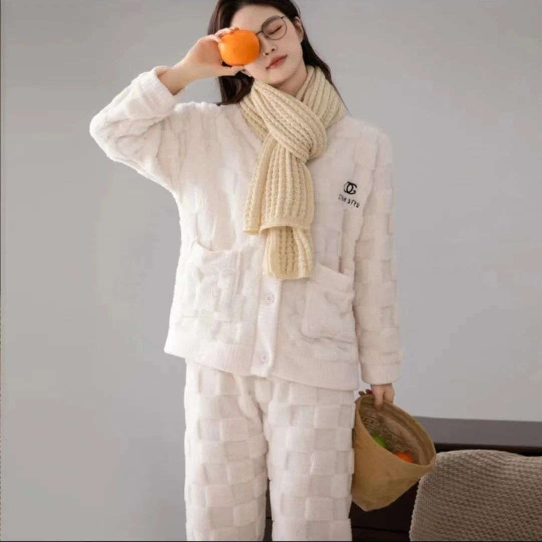 Nachtkleding Vrouwen Knoop Vest Pyjama Sets Lange Mouwen Flanel Warme Herfst Winter Homewear Sets Kawaii Kleding Dik Los