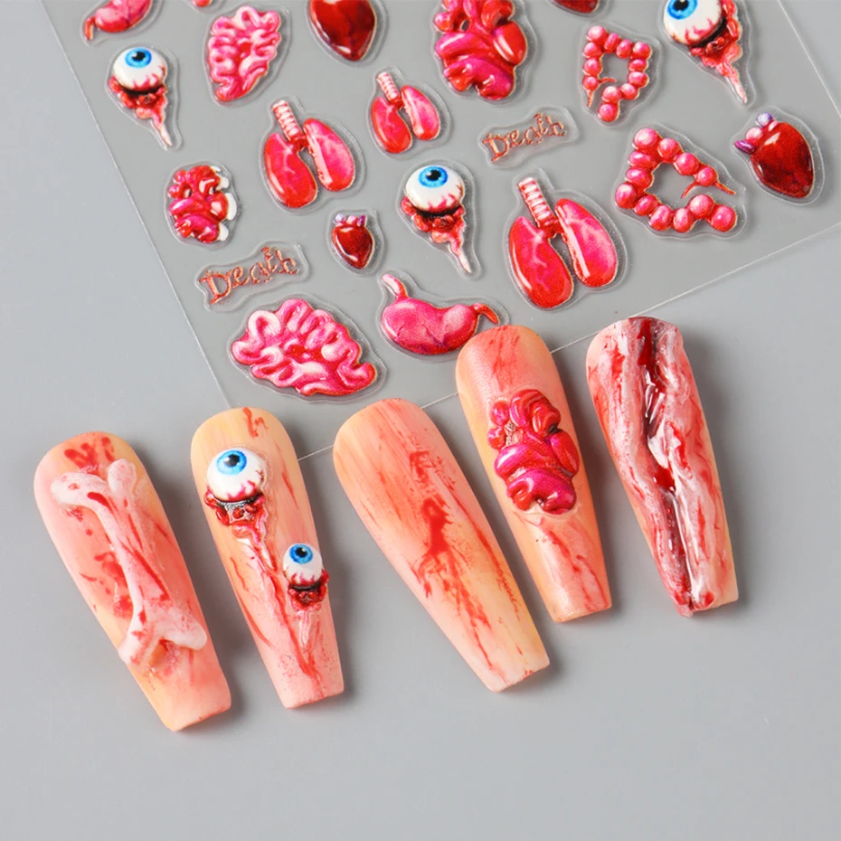 2 stücke 5D Envy Eye Halloween Nail art Aufkleber Herz Lunge Rot Farben Terror Design Sliders Maniküre Klebstoff Nail art Dekoration