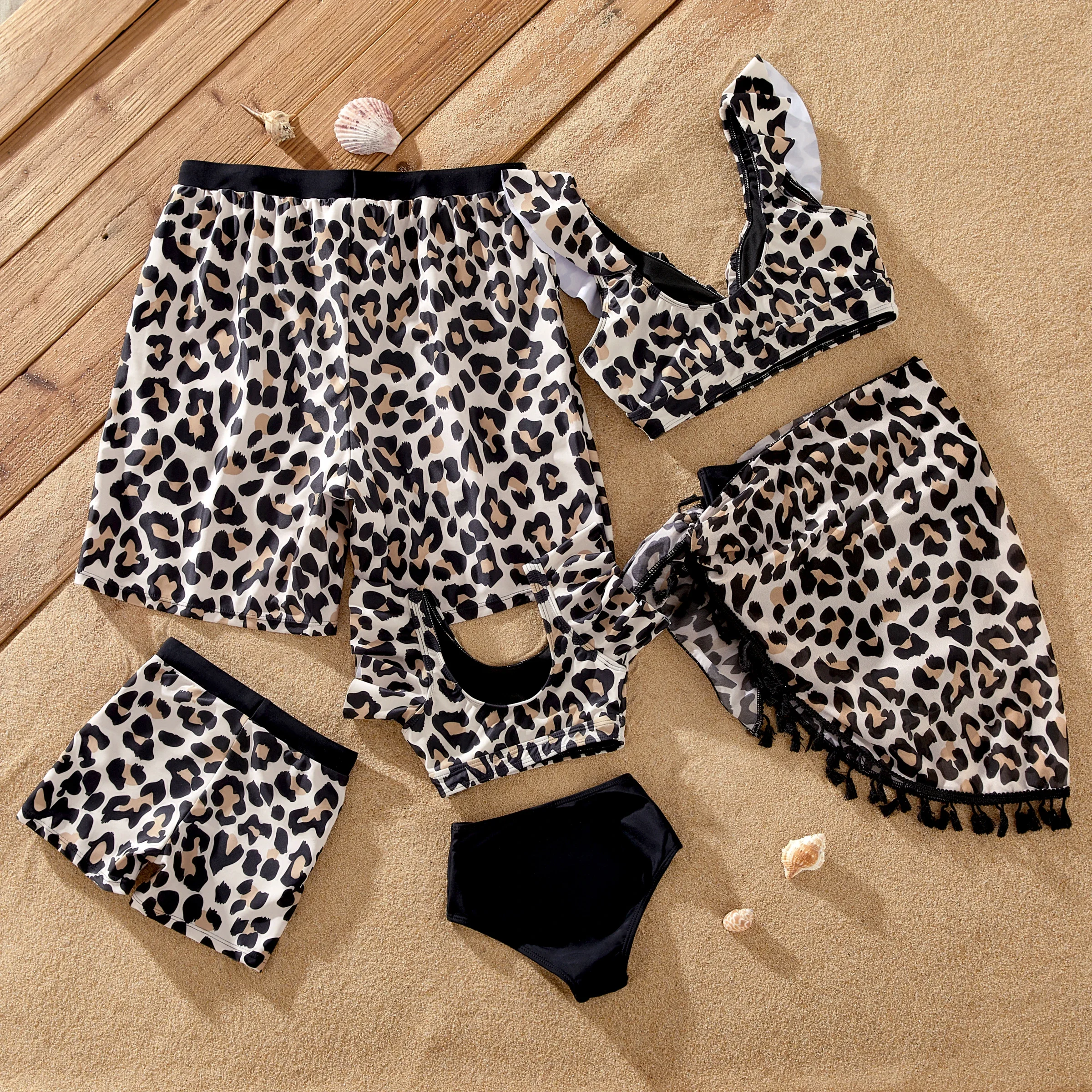 Family Matching Leopard Pattern Drawstring Swim Trunks or Ruffle Neck Two-Piece Bikini with Optional Cover Up Sarong Skirt