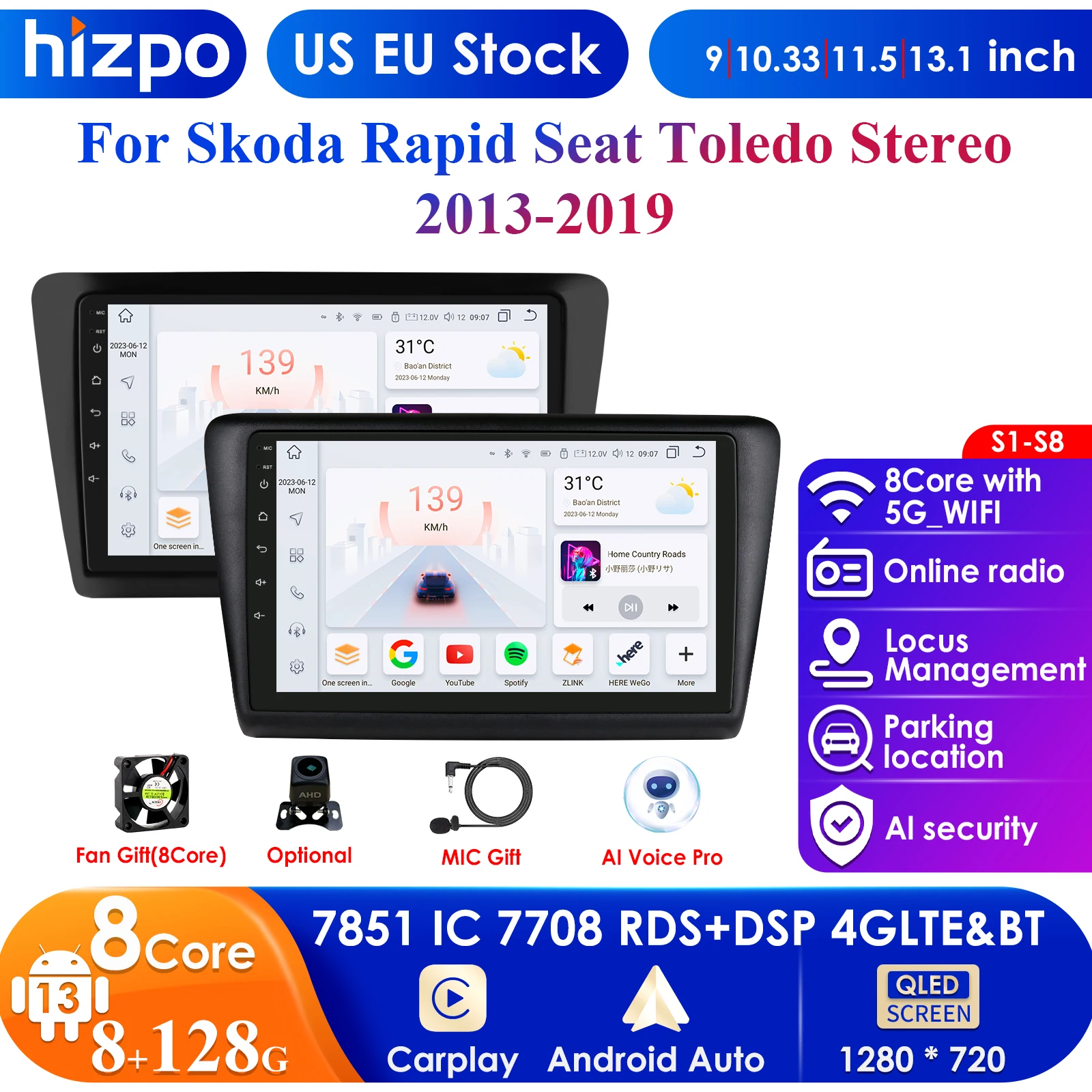 

Hizpo Carplay 4G 2din Android 13 Car Radio for Skoda Rapid 2013-2019 Seat Toledo Multimedia Video Player Autoradio GPS DSP Audio